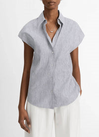 Vince - Ticking Stripe Linen-cotton Cap Sleeve Blouse