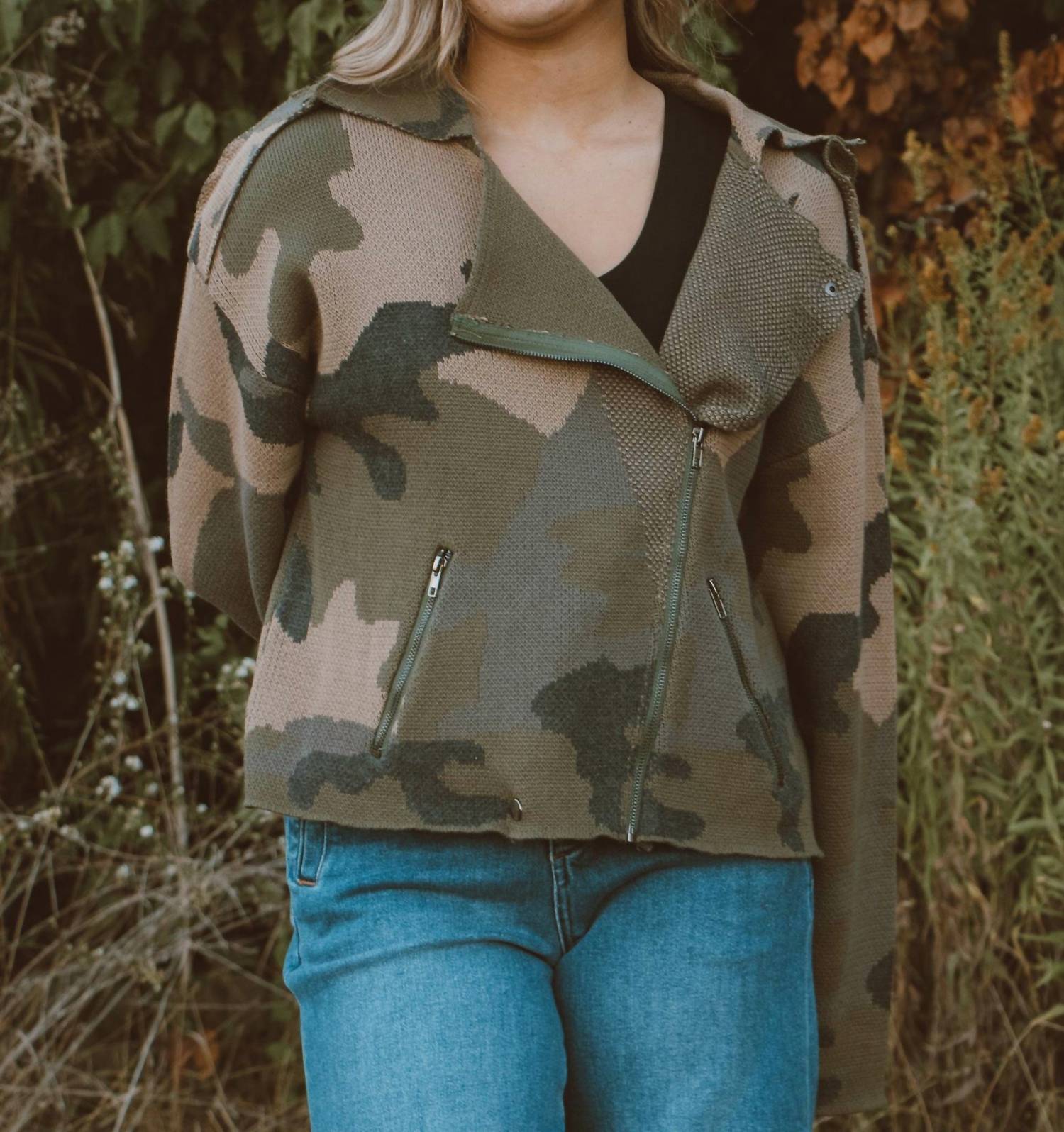 Miss Me Cutie Long Sleeve Zip Up Jacket in camo - women's jacket - detail view