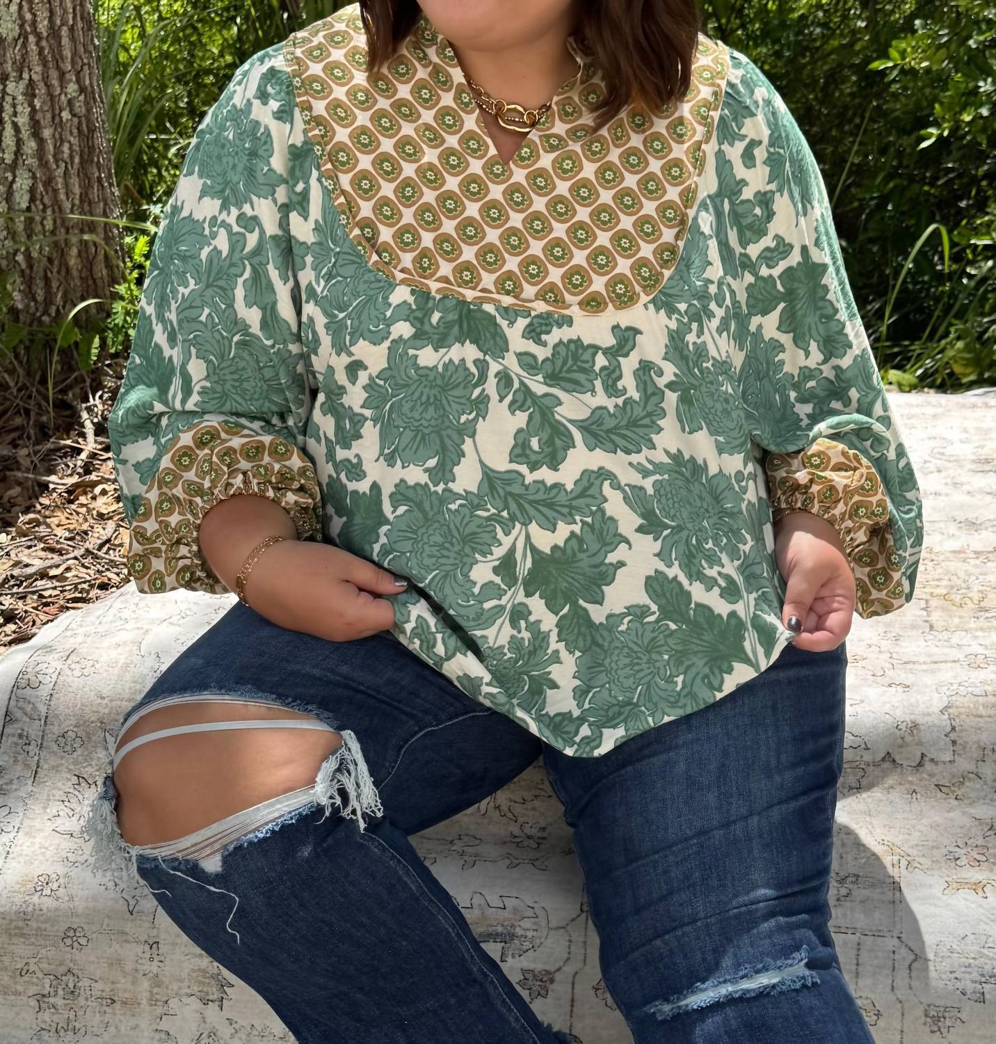 Umgee - Mix Fabric Yoke Top
