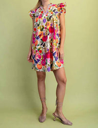Gigio - Floral Print Ruffled Neck Mini Dress