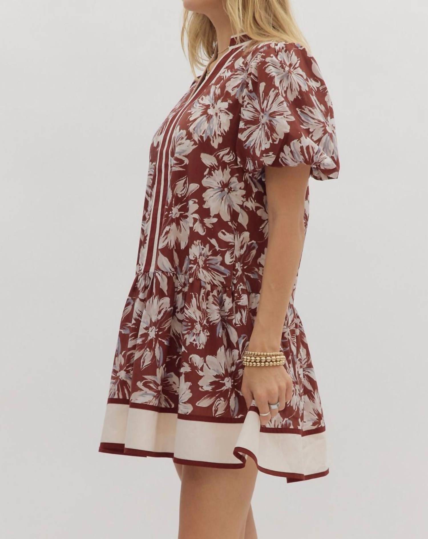entro Blossoms Puff Sleeves Dress in burgundy - women's dress - alternate view