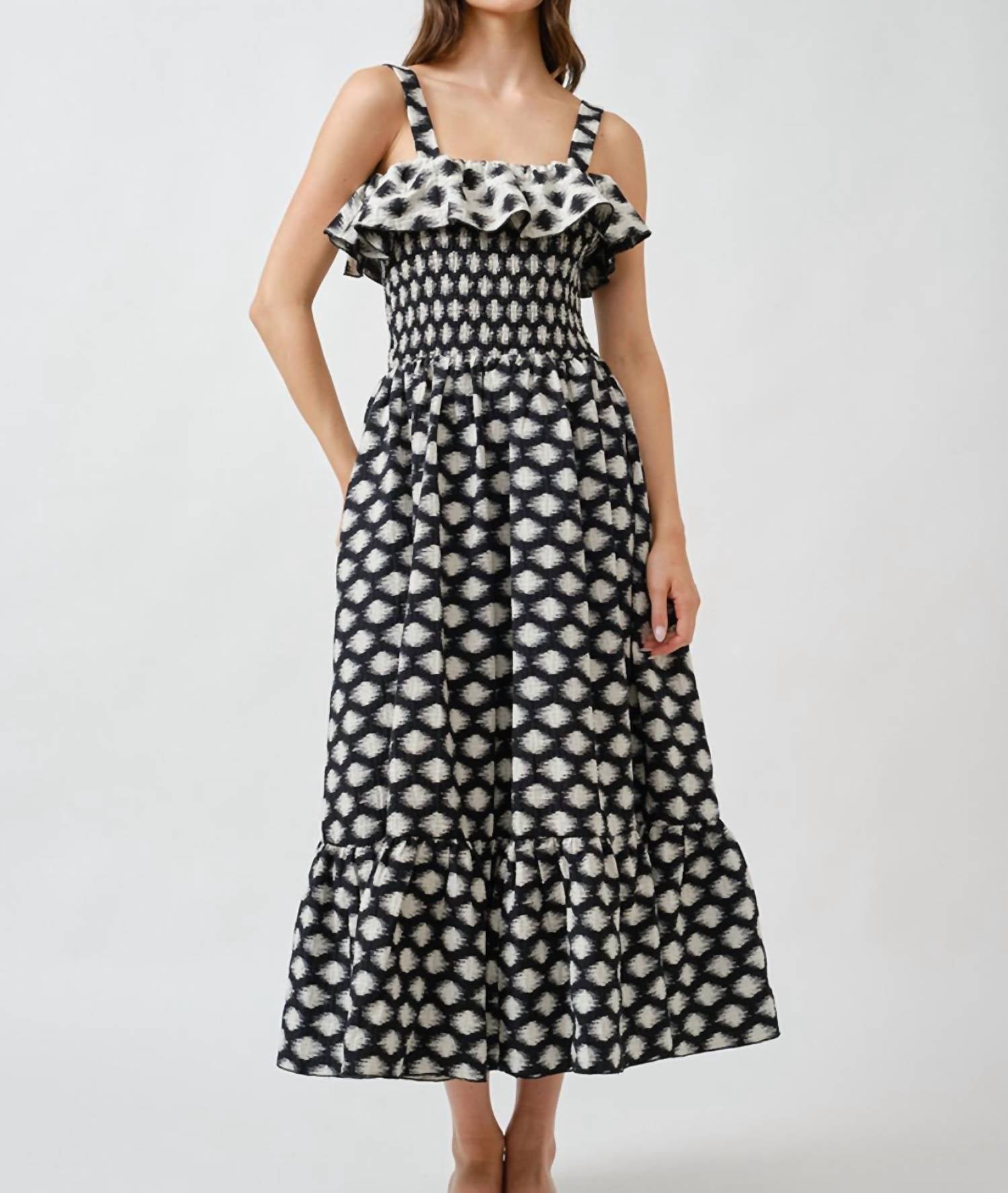 Maude Club Women's Ikat Dotted Smocked Midi Dress in black - women's dress