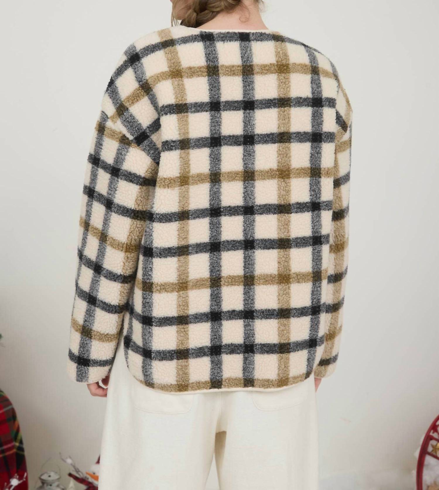 Blu Pepper Teddy Sherpa Jacket in cream plaid - women's jacket - detail view