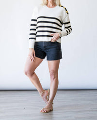 L'Agence Bishop Striped Crew Sweater Top in ivory black gold stripe - women's sweater