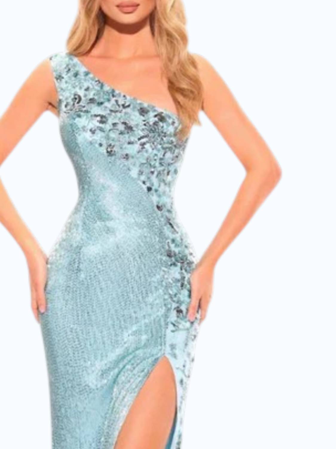 Amarra - Fitted Beaded Sequin One Shoulder Slit Gown