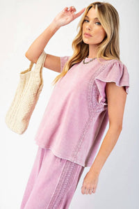 Easel - Washed Wing Sleeve Crochet Trim Top