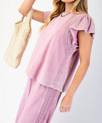 Easel - Washed Wing Sleeve Crochet Trim Top
