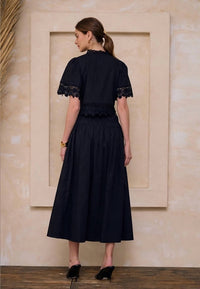 Moon River - Shirred Waist Embroidered Floral Midi Skirt