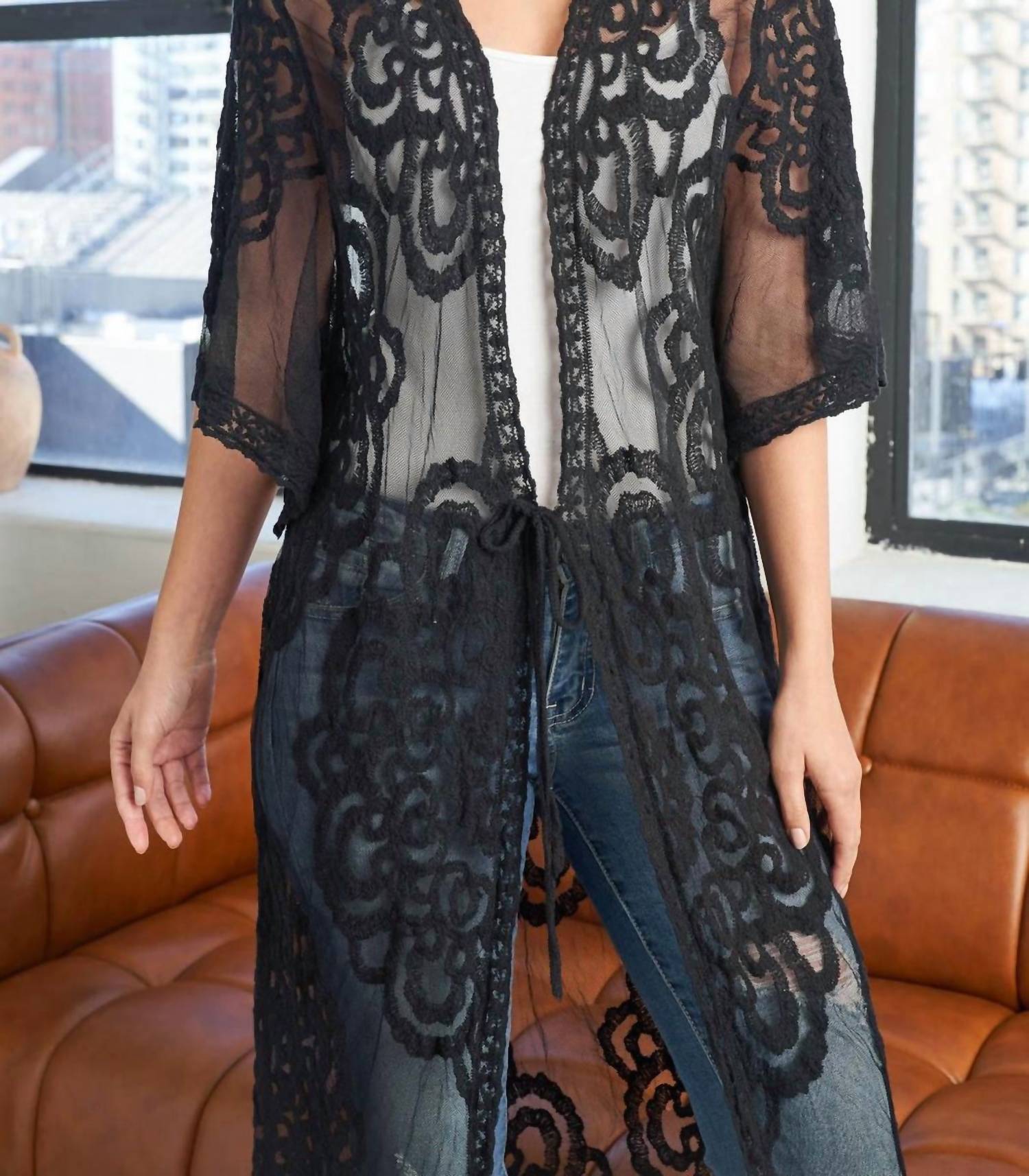 Riah Fashion - Flower Lace Embroidery Open Front Summer Bohemian Kimono