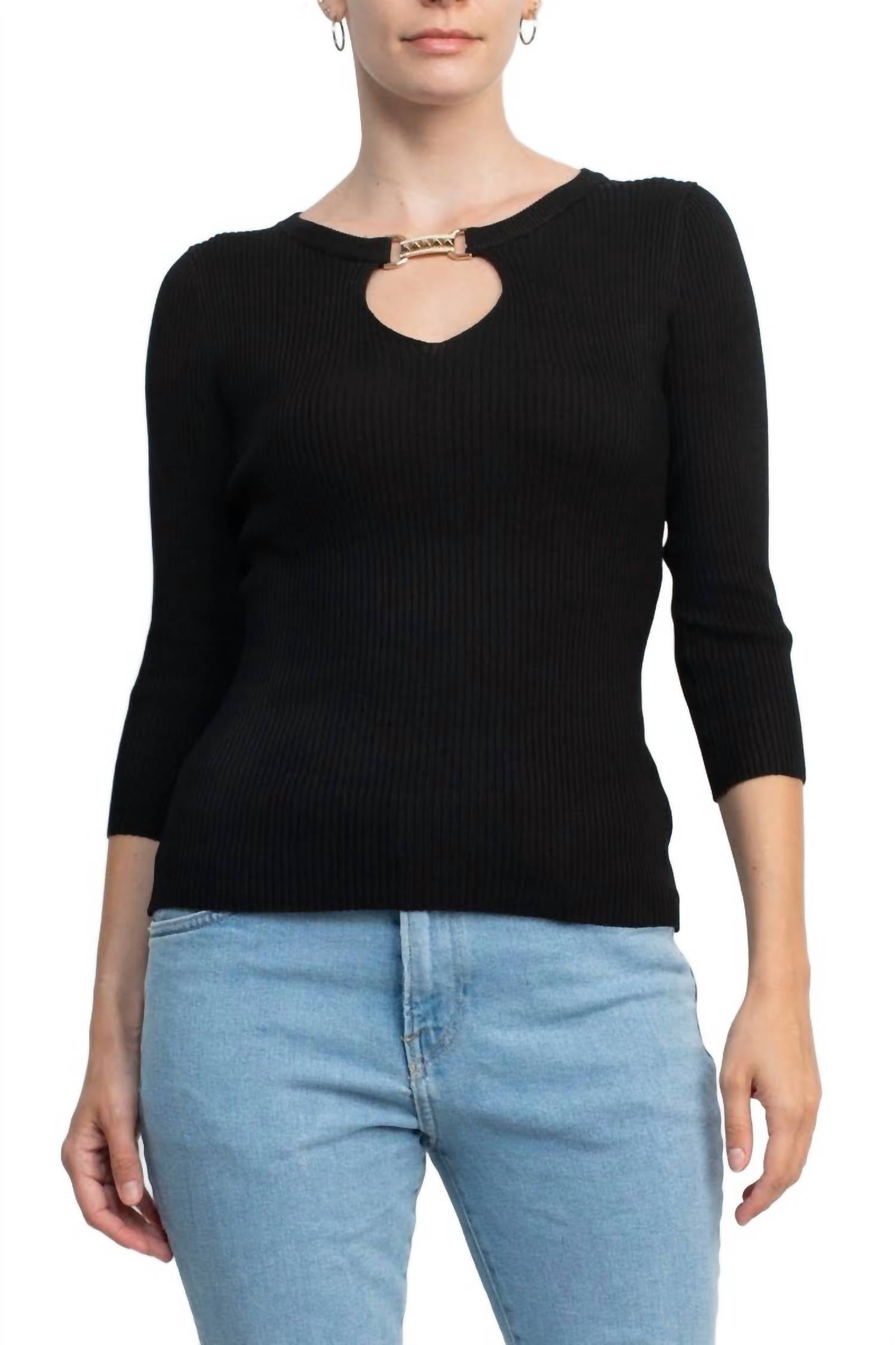 Carmen Marc Valvo - Boat Neck Cutout Front 3/4 Sleeve Ribbed Pullover Knit Top