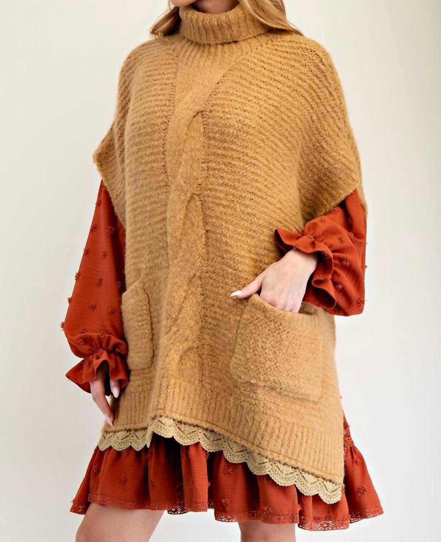 Little Secret Of Mine - Stuck On You Turtleneck Lace Bottom Knit Poncho