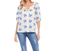 Karen Kane Baylee Floral Embroidered Top in off white and blue - women's blouse