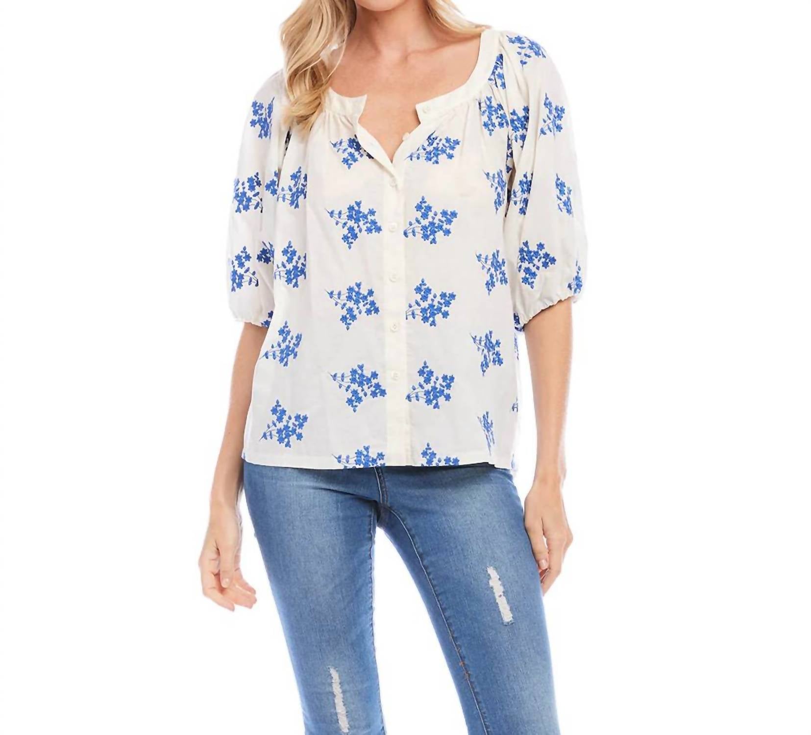 Karen Kane Baylee Floral Embroidered Top in off white and blue - women's blouse