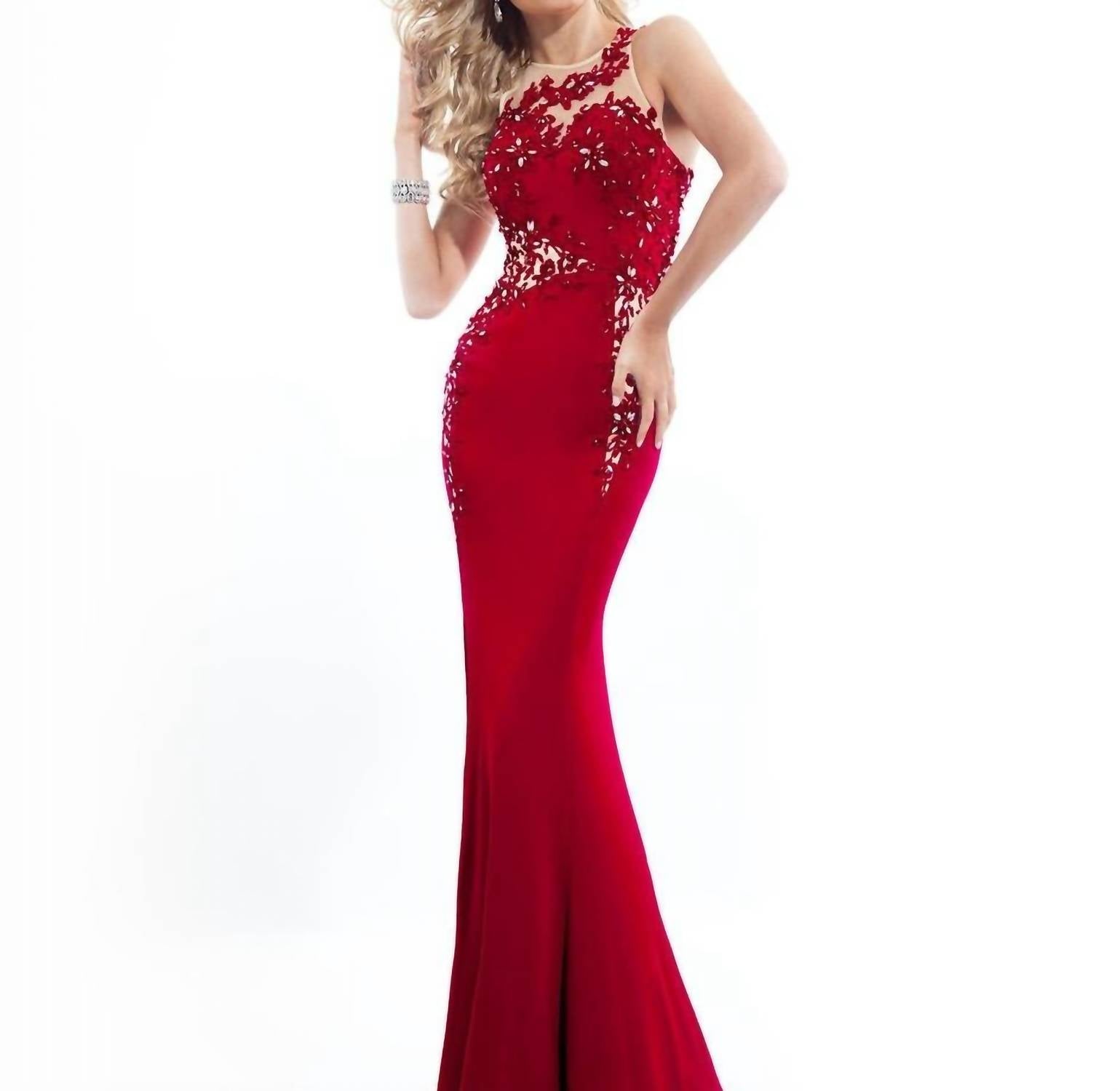 Rachel Allan - Lace Applique On A Fitted Jersey Prom Gown