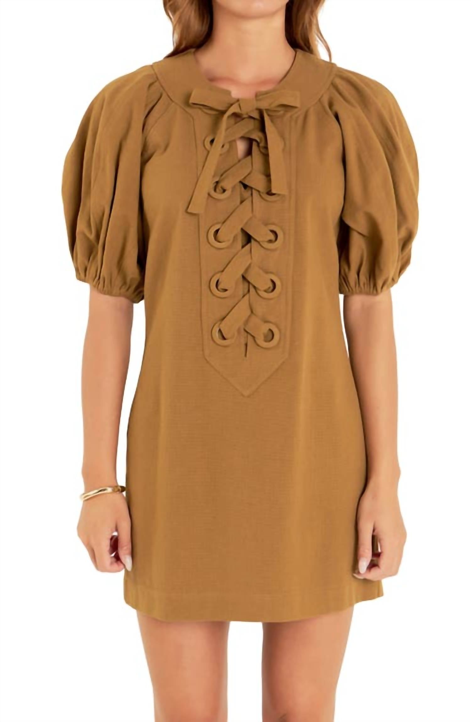 English Factory - Laced Up Puffed Sleeve Mini Dress