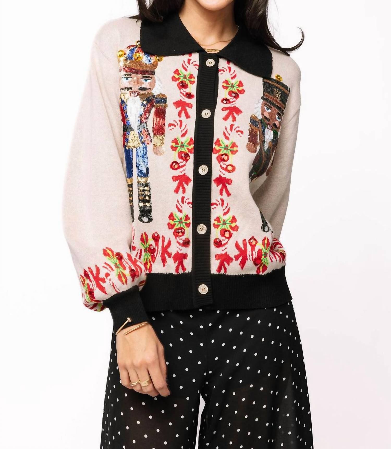 Queen Of Sparkles - Trim Collar Nutcracker & Candy Cane Cardigan