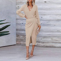Nihao Jewelry - V Neck Belted Long Sleeve Knit Dress