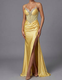 JOVANI Beaded Corset Dress With Satin Skirt in yellow - women's dress