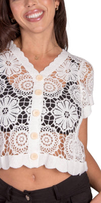 GIGI MODA Diletta Crochet Cardigan in white - women's cardigan - detail view