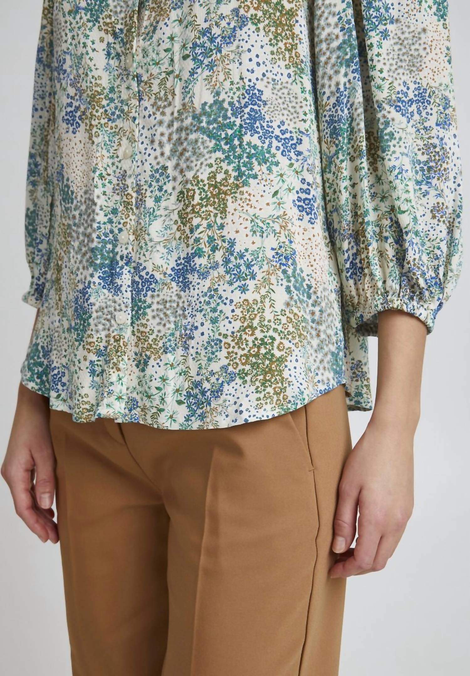 Fransa - Mandarin Collar Floral 3/4 Sleeve Blouse