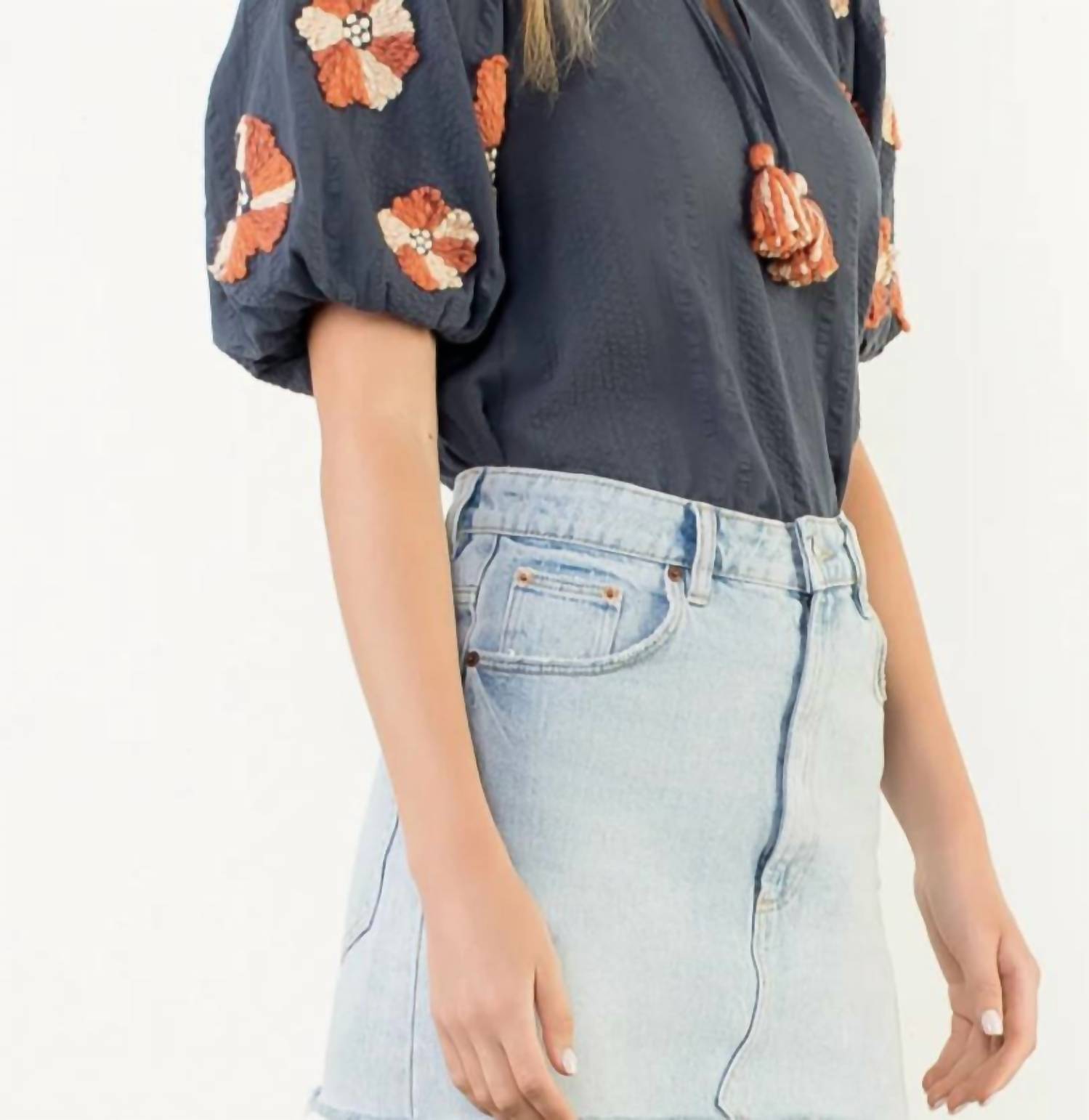 Thml - Puff Sleeve Tassel Tie Top