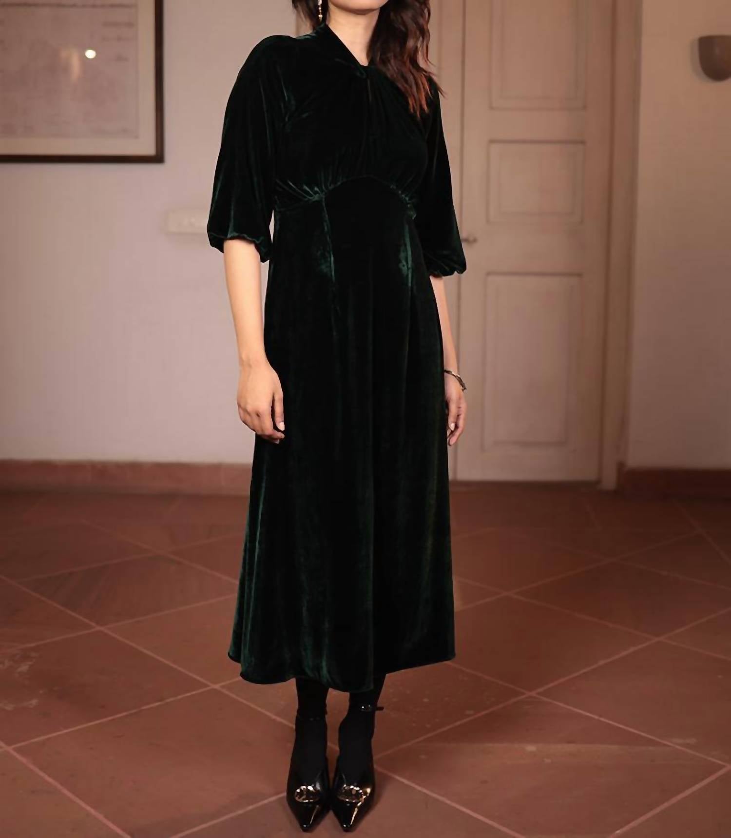 Ornaete Nitika Velvet Midi Dress in forest - women's dress