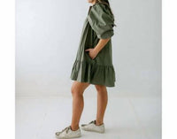 Karlie - Solid Button Puff Sleeve Ruffle Dress