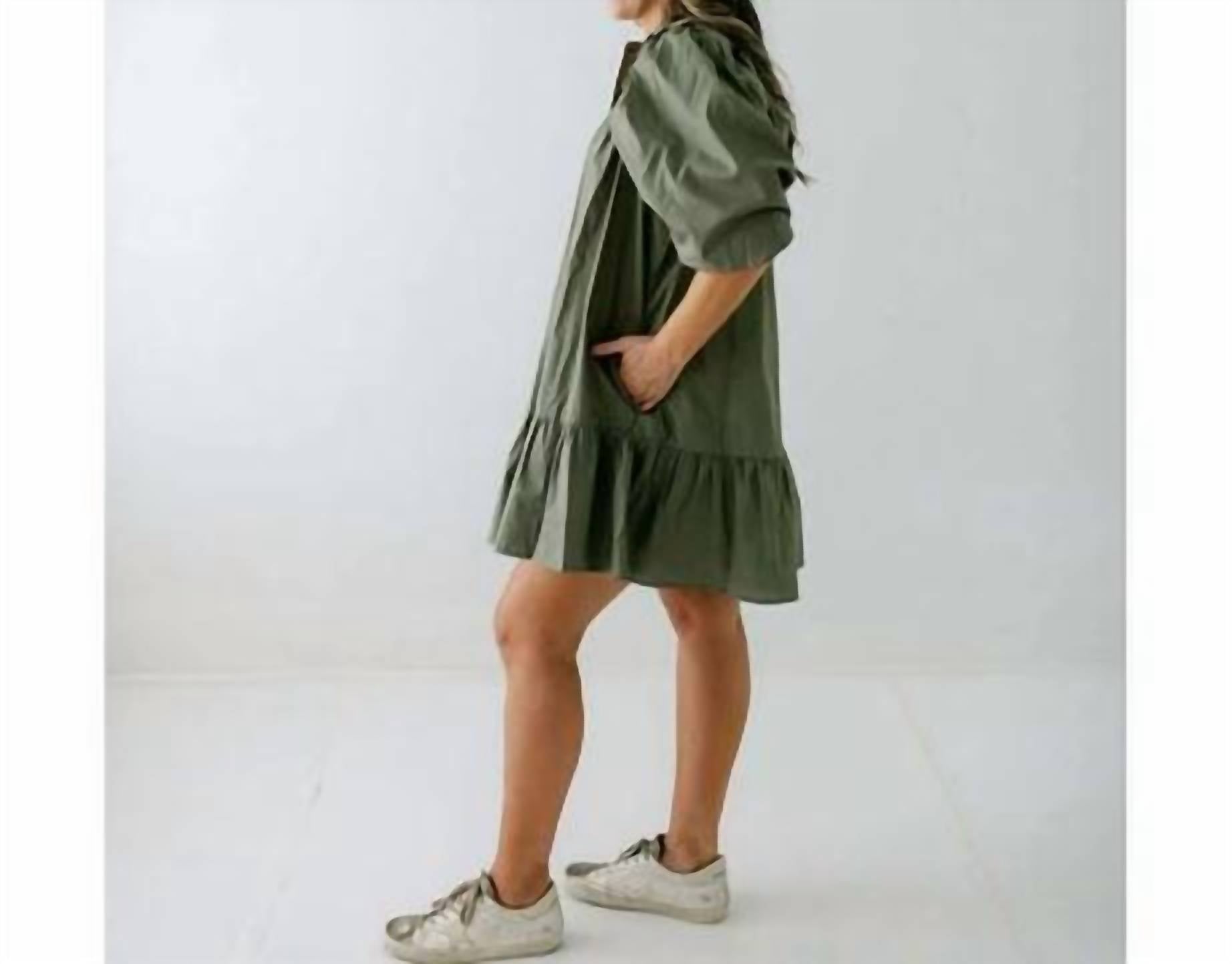 Karlie - Solid Button Puff Sleeve Ruffle Dress