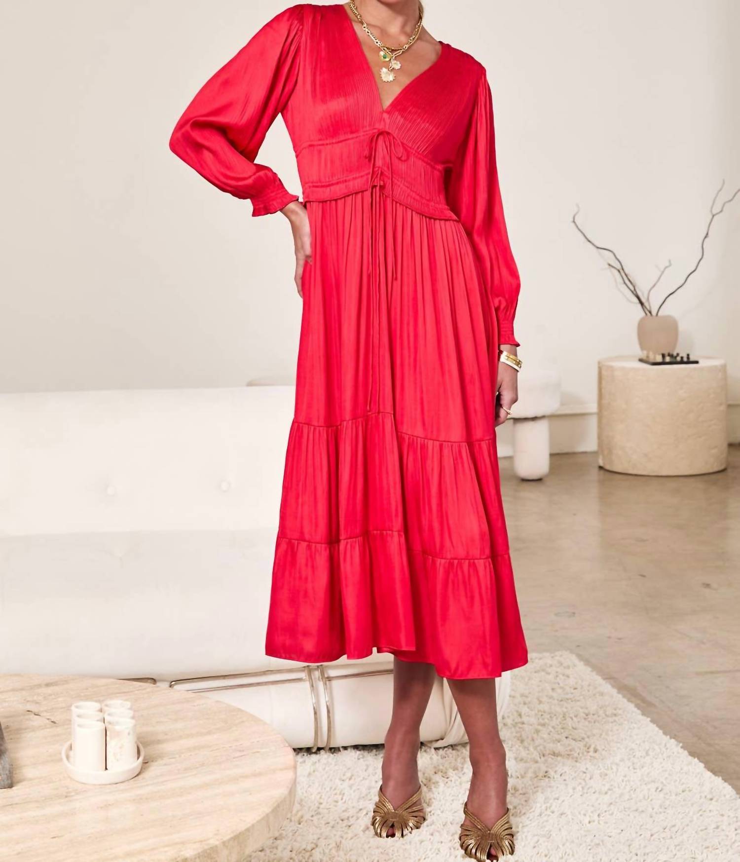 Current Air - V-neck Pleated Tiered Midi Dress