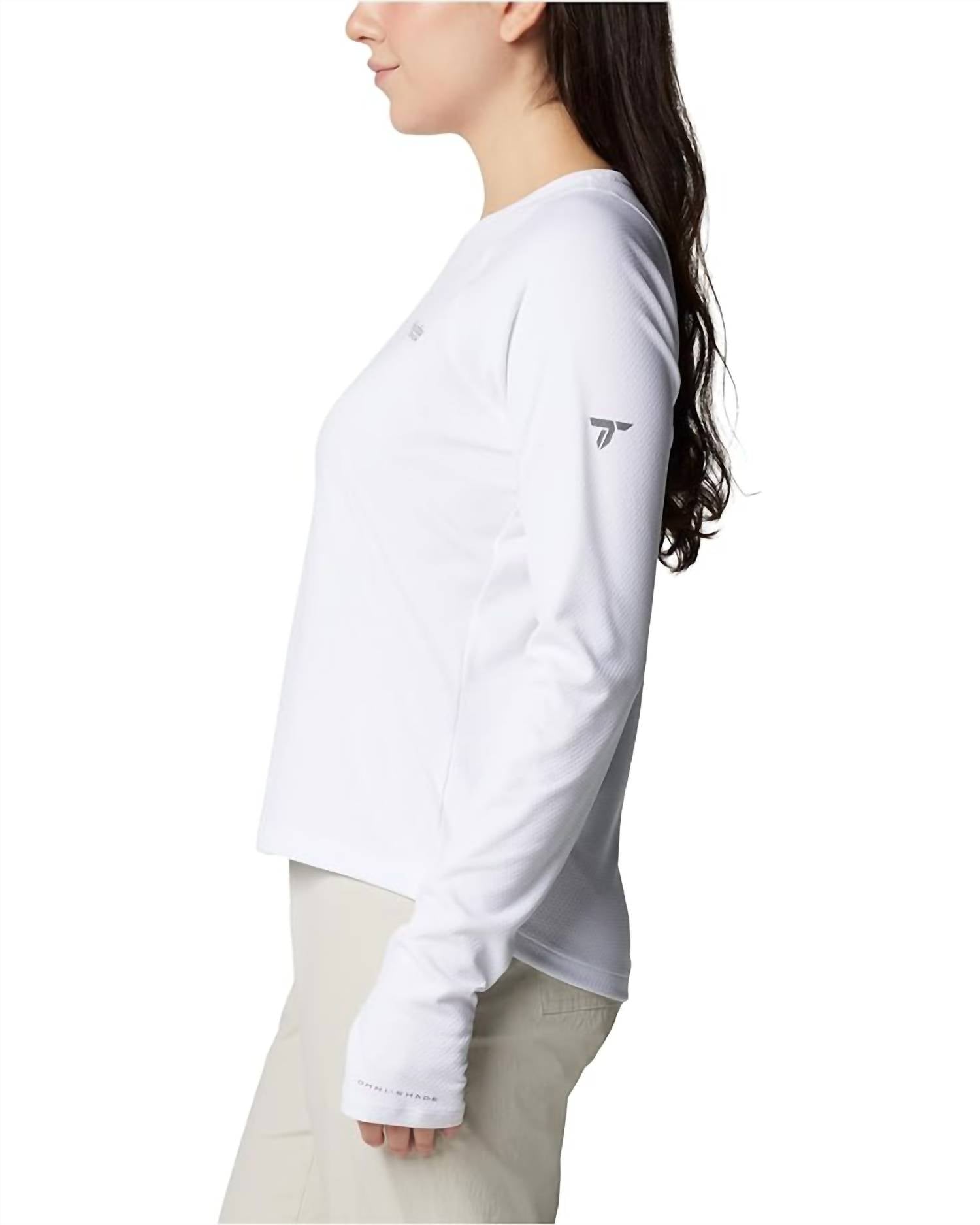 Columbia Summit Valley Long Sleeve Crewneck Tee in white - women's long sleeve top - detail view
