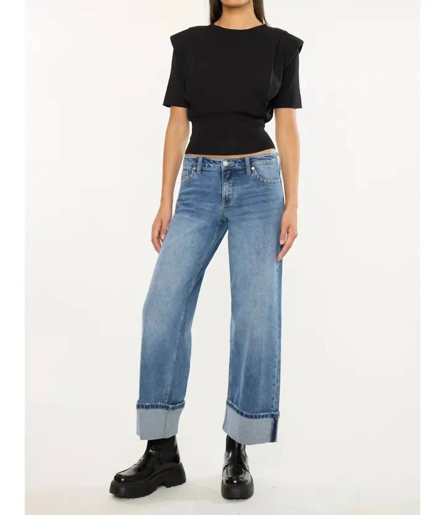 Kancan - Mid Rise Studded Wide Leg Jeans