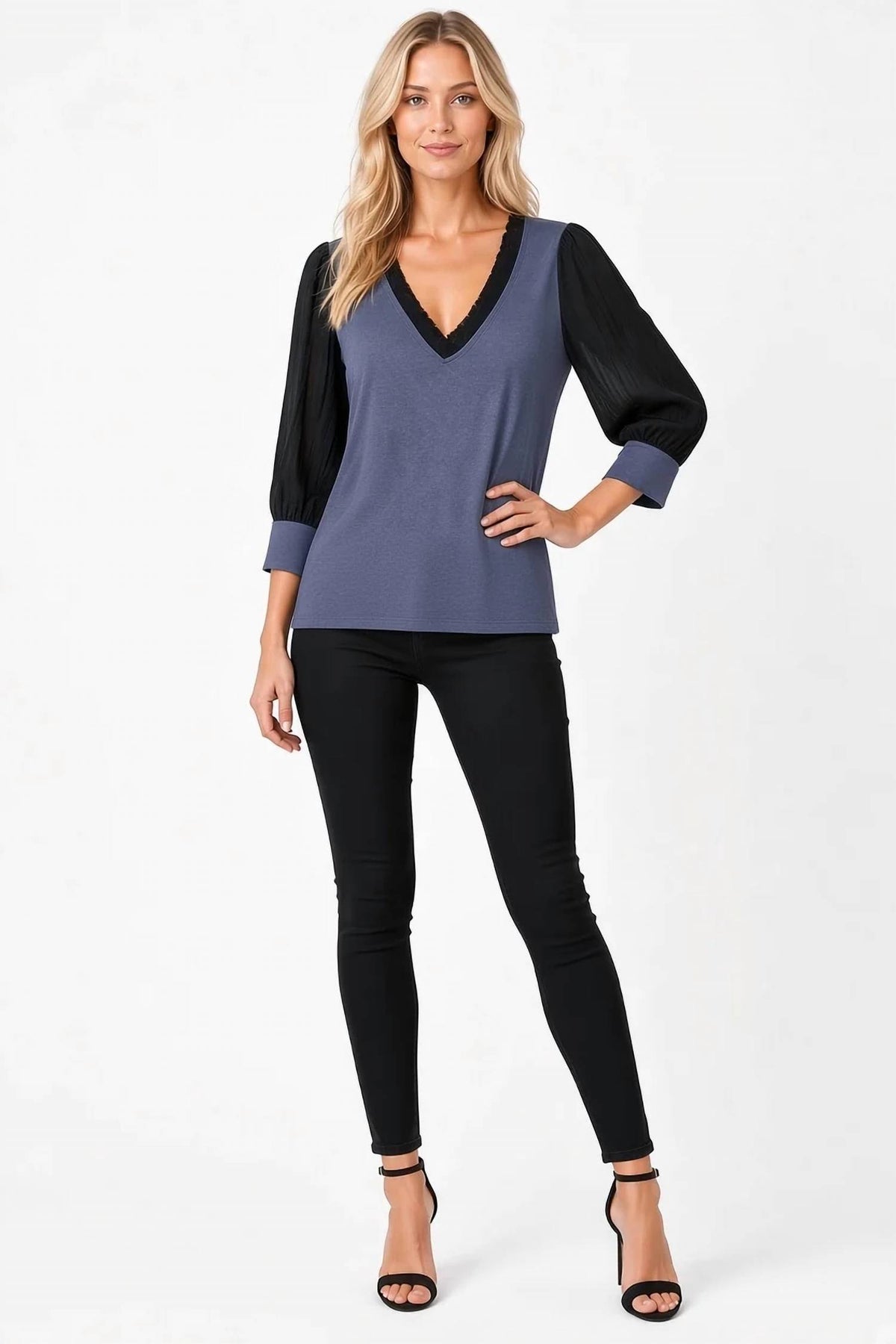 Maven West - 3/4 Sleeve Mixed Media Top