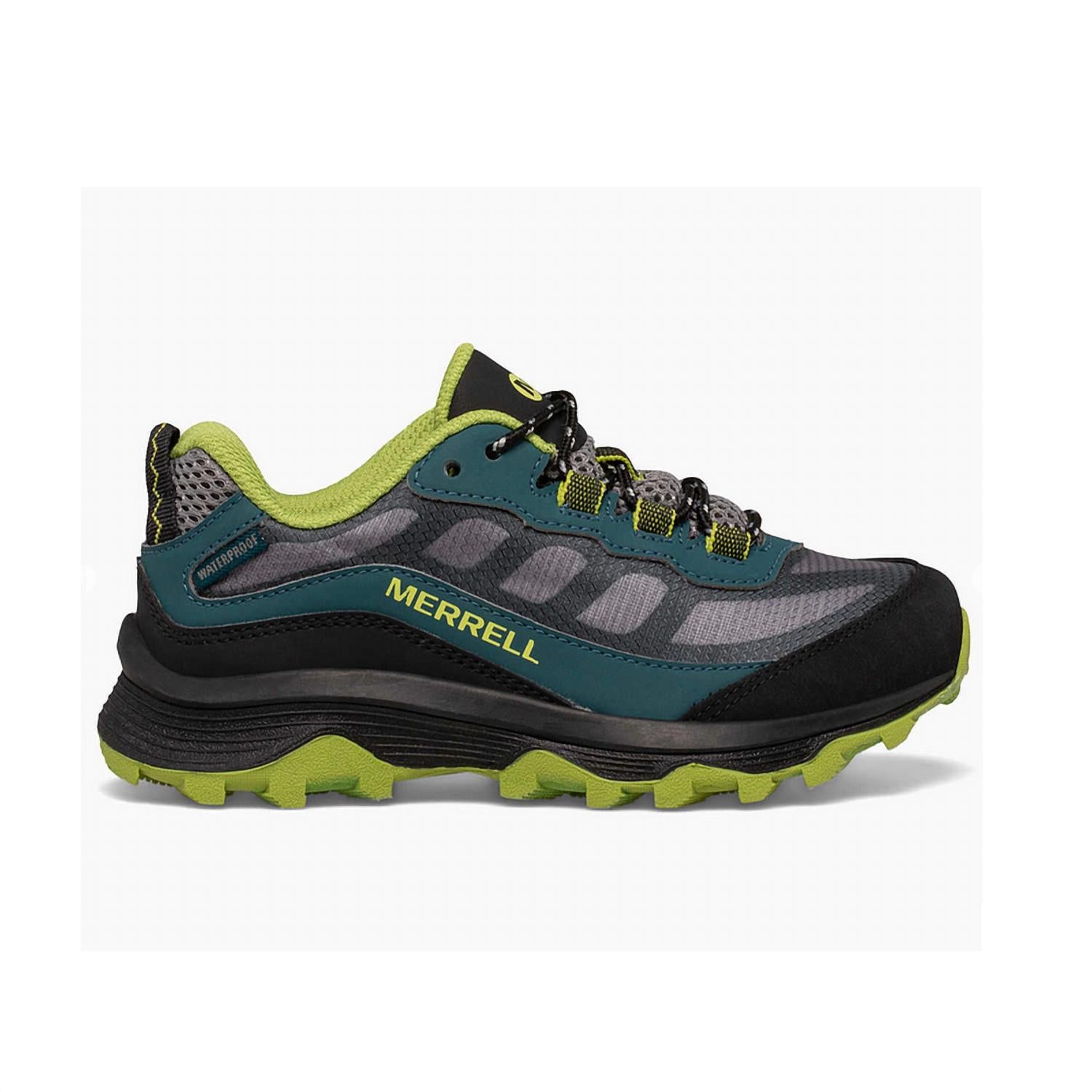 MERRELL Big Kid's Moab Speed Low Waterproof Hybrid Sneaker in deep green black - kids' sneaker - detail view