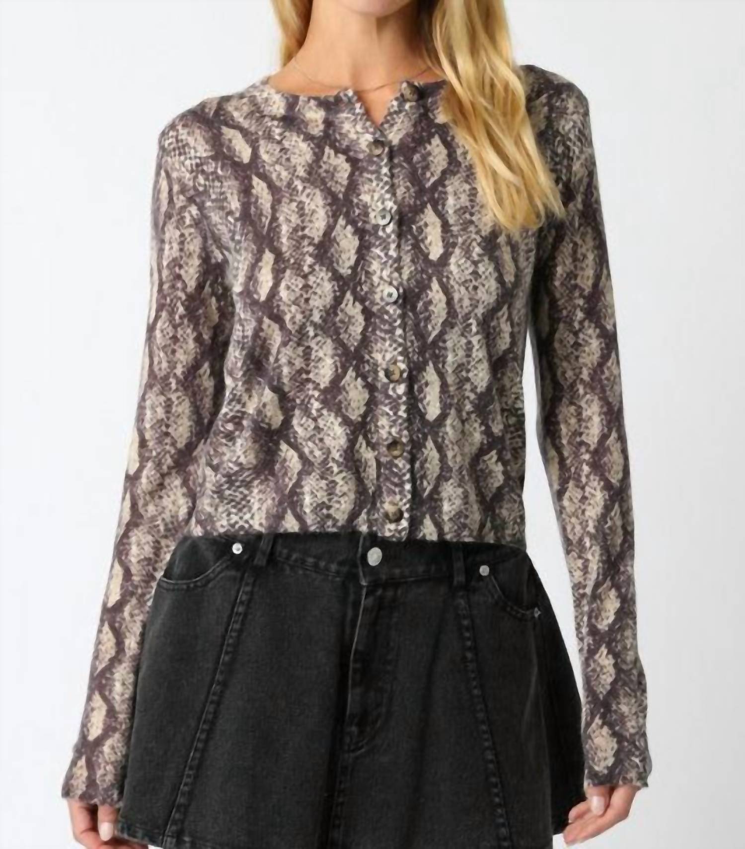 OLIVACEOUS Rhodes Python Knit Cardigan in snake - women's sweater