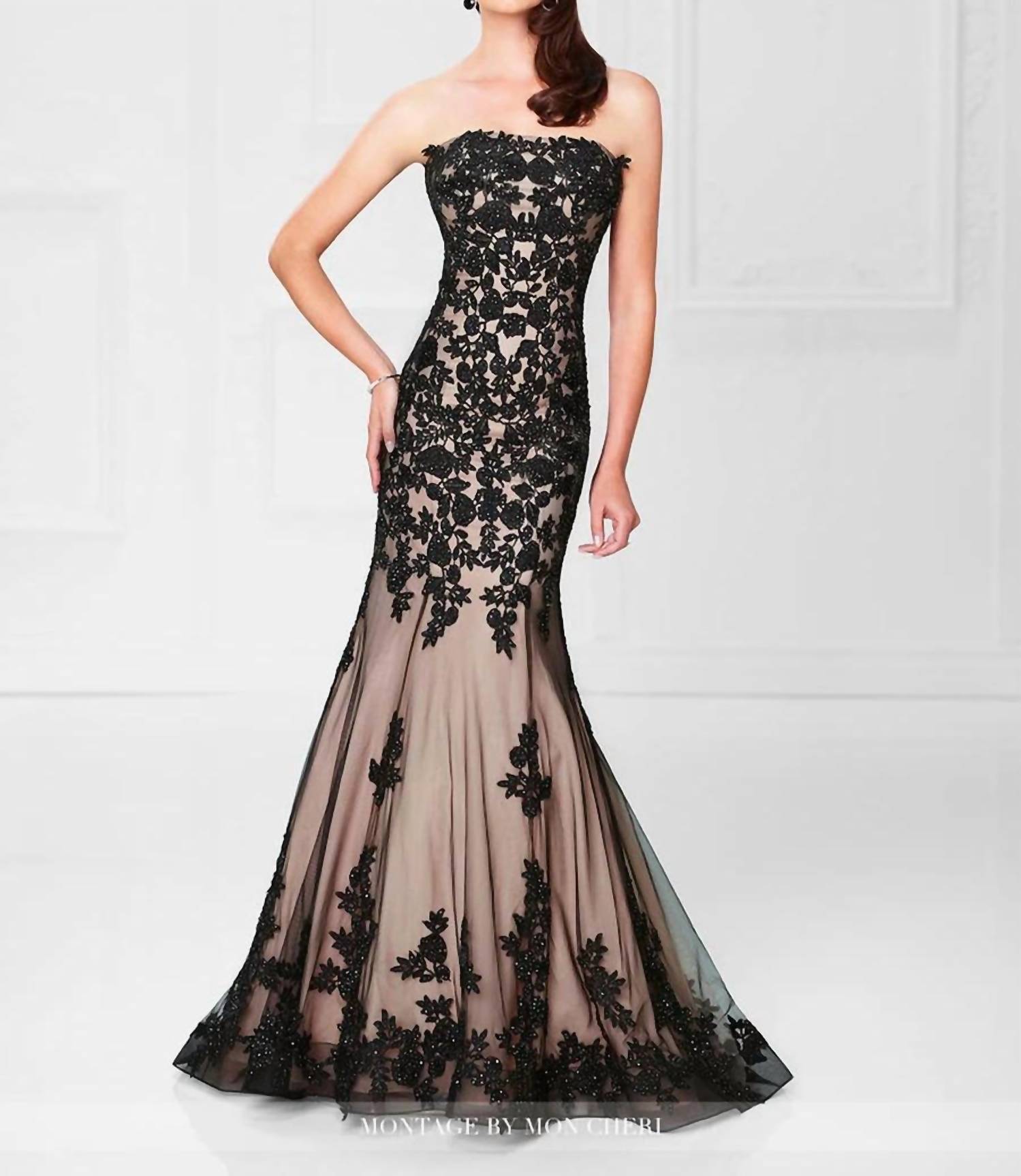 Social Occasions By Mon Cheri - Black Sequined Brocade Lace Nude Strapless Long Gown