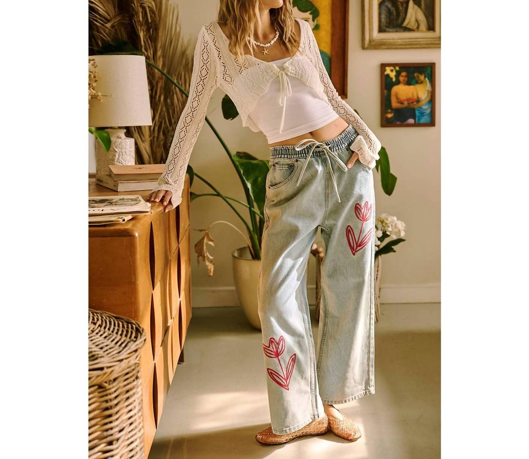 mittoshop Ainsley Tulip Embroidery Wide Leg Jeans in light wash - women's jeans - view 6