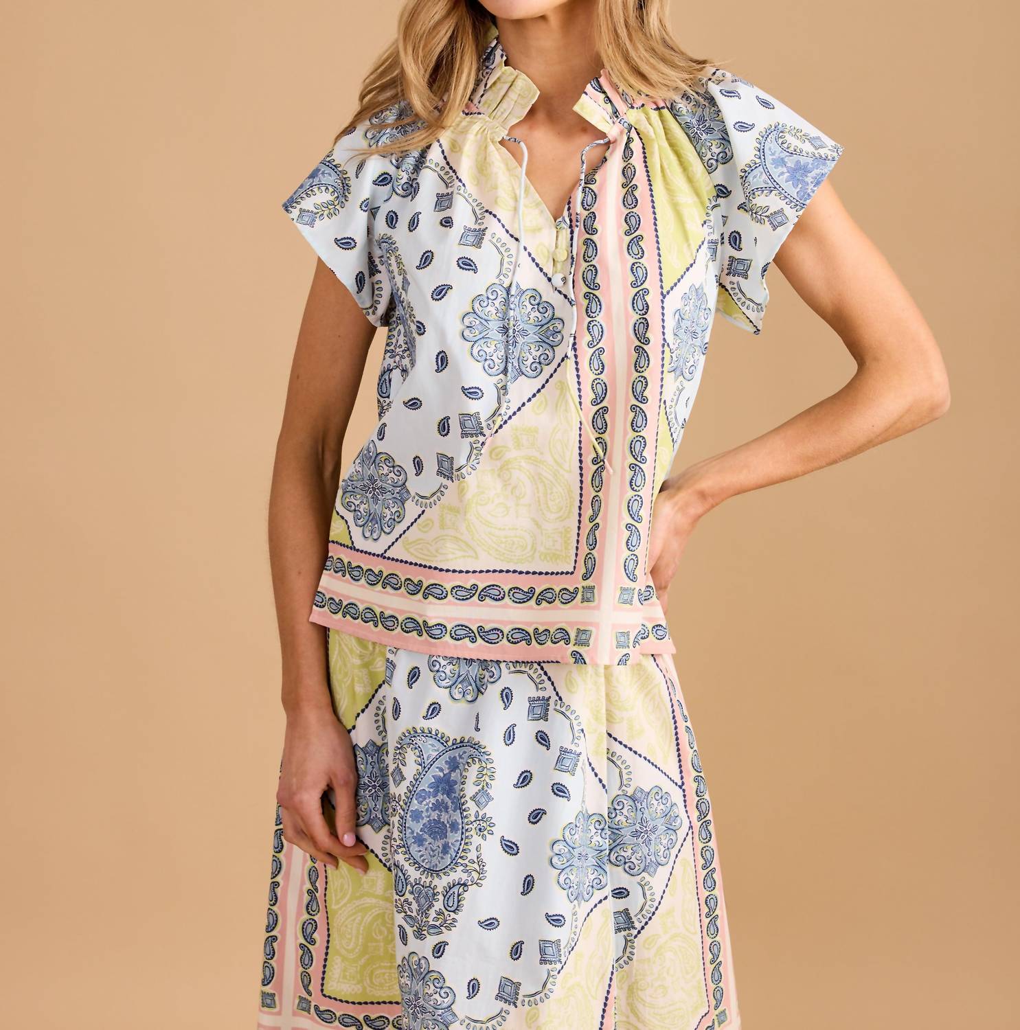 Double A Em Flutter Sleeves Top in apple bandana - women's blouse