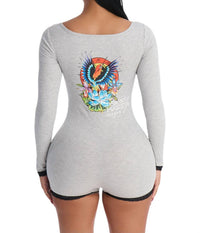 Ed Hardy Phoenix Long Sleeve Short Lace Romper in heather grey - women's pants - detail view