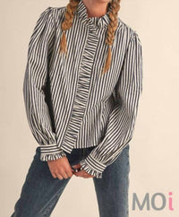 &Merci - Striped Ruffle Button Down Shirt