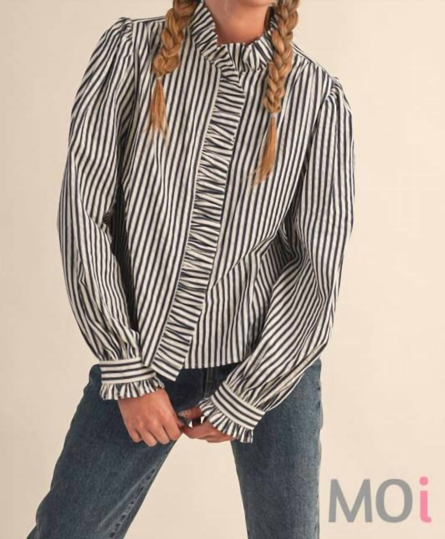 &Merci - Striped Ruffle Button Down Shirt