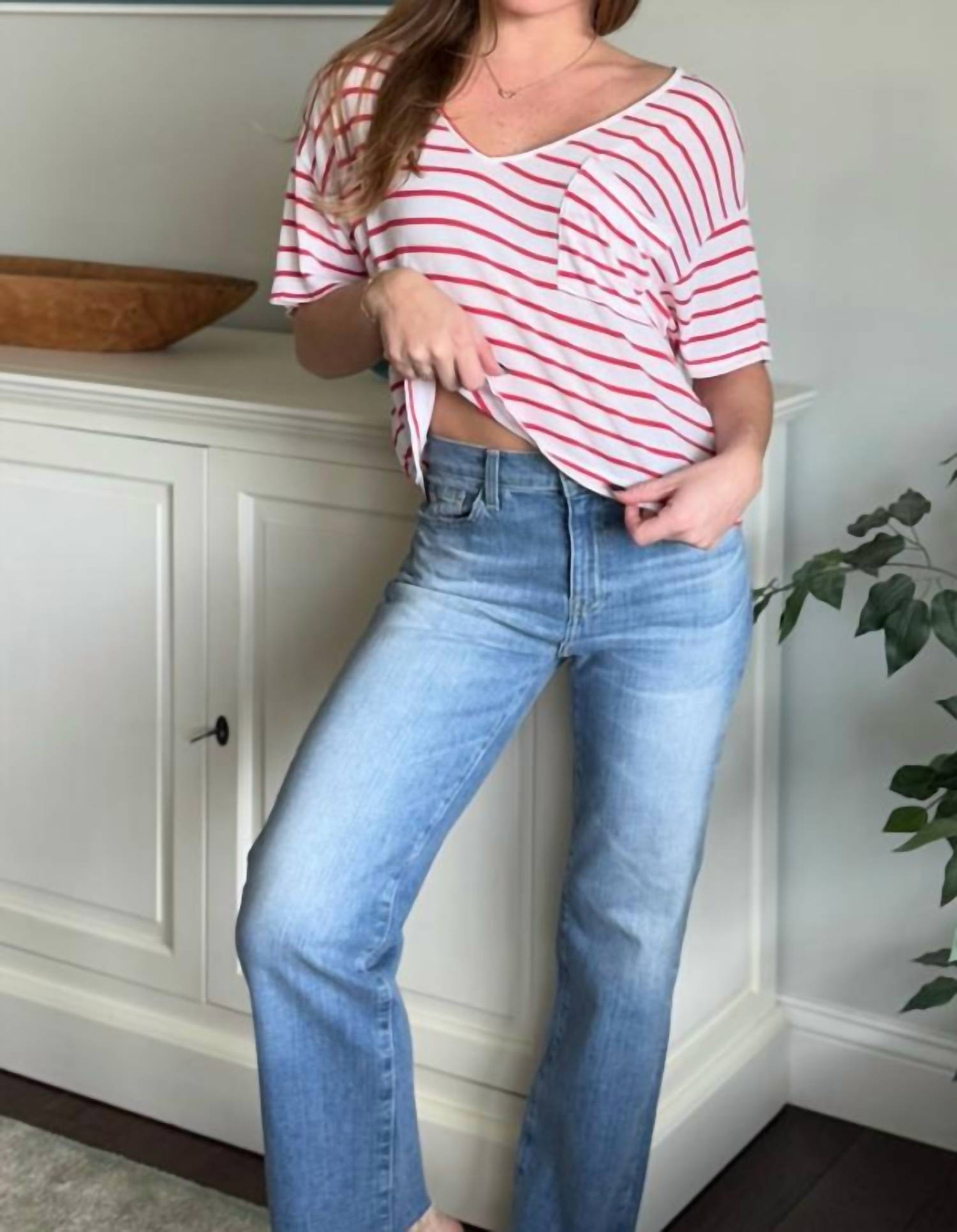 Sundry - Crop V-neck Stripe Tee