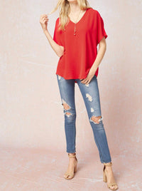 entro Solid V-neck Top in red - women's t-shirt - view 6