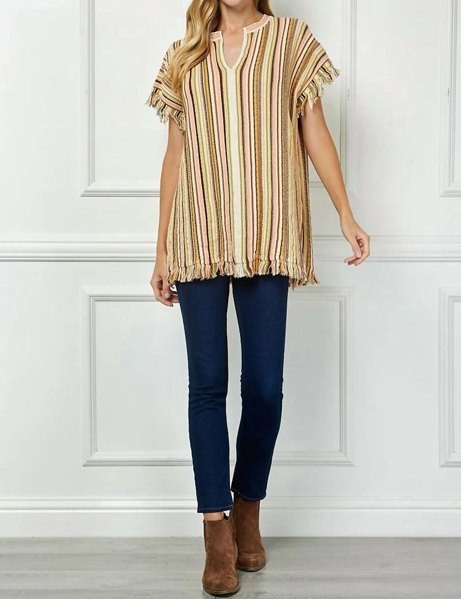 Vanessabruno - Striped V-neck Fringe Tunic