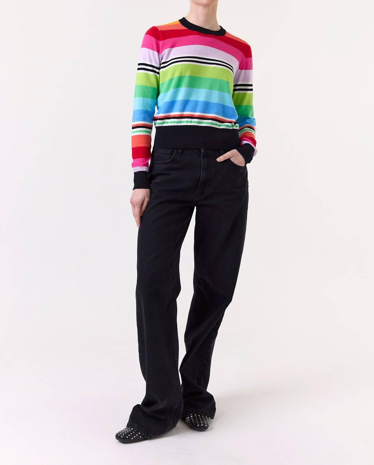 Brodie Cashmere Ivy Stripe Crew Neck Sweater in rainbow black - women's sweater - alternate view