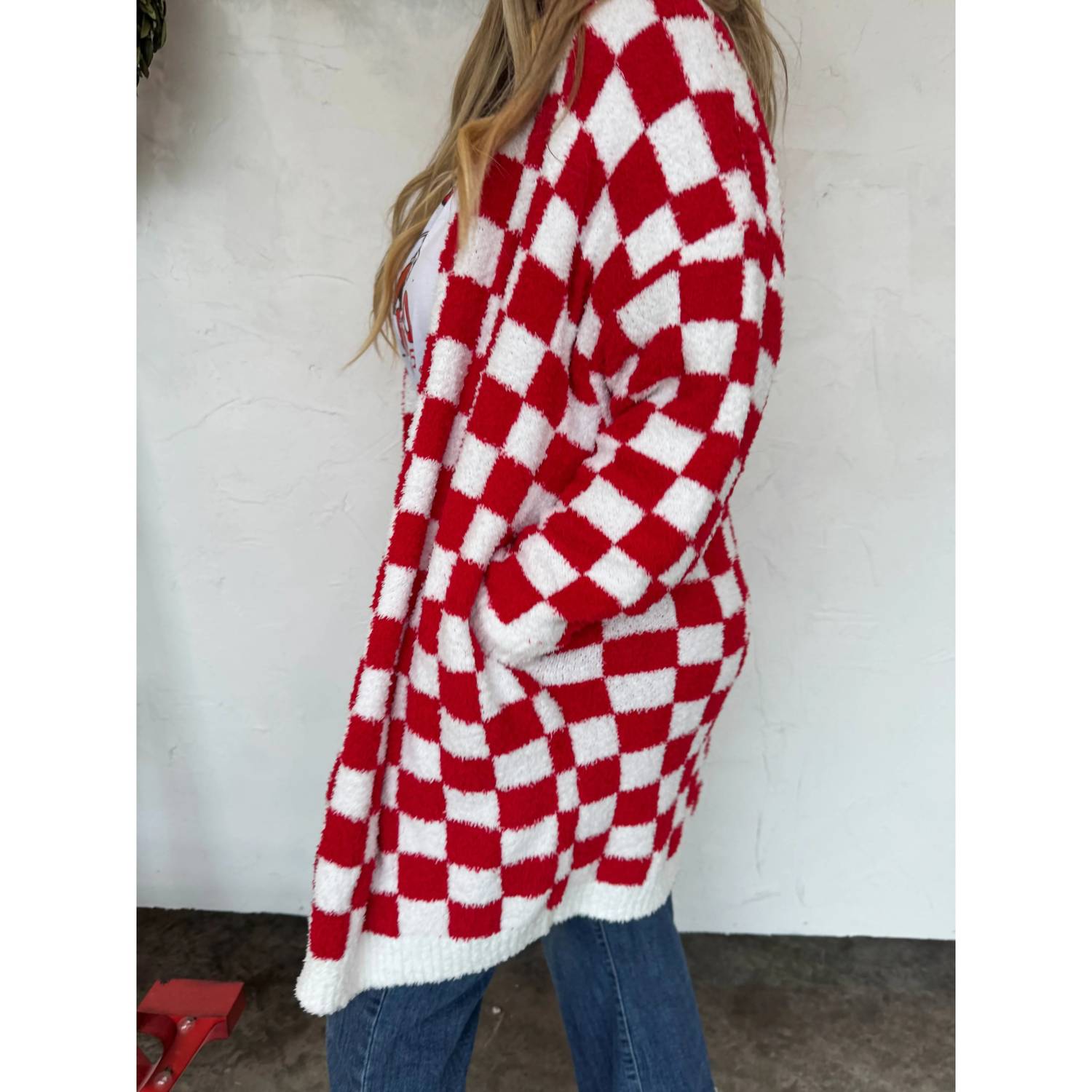 BLAKELEY Christmas Cloud Cardigan in red checker - women's cardigan - detail view