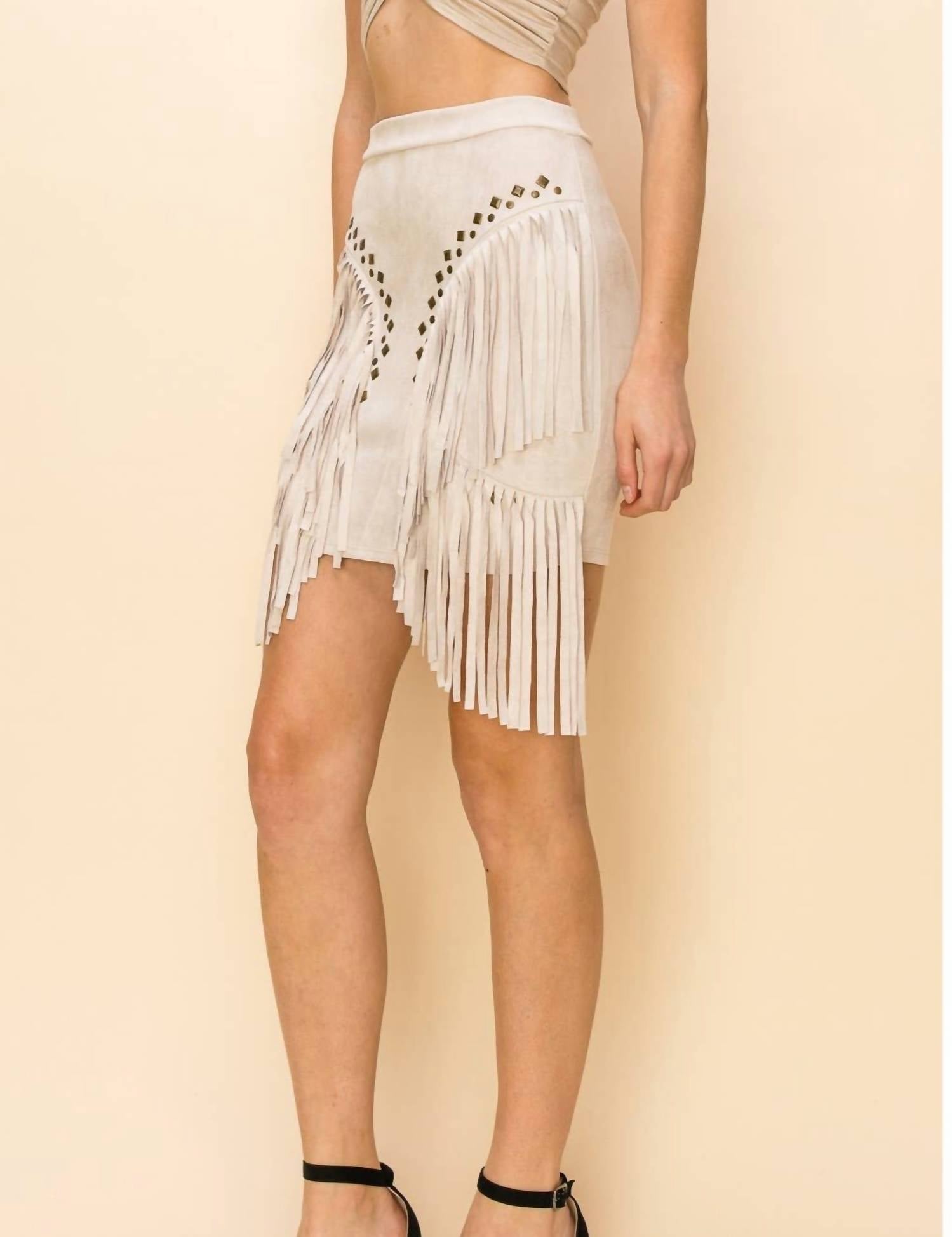 Veveret - Studded Suede Fringe Mini Skirt