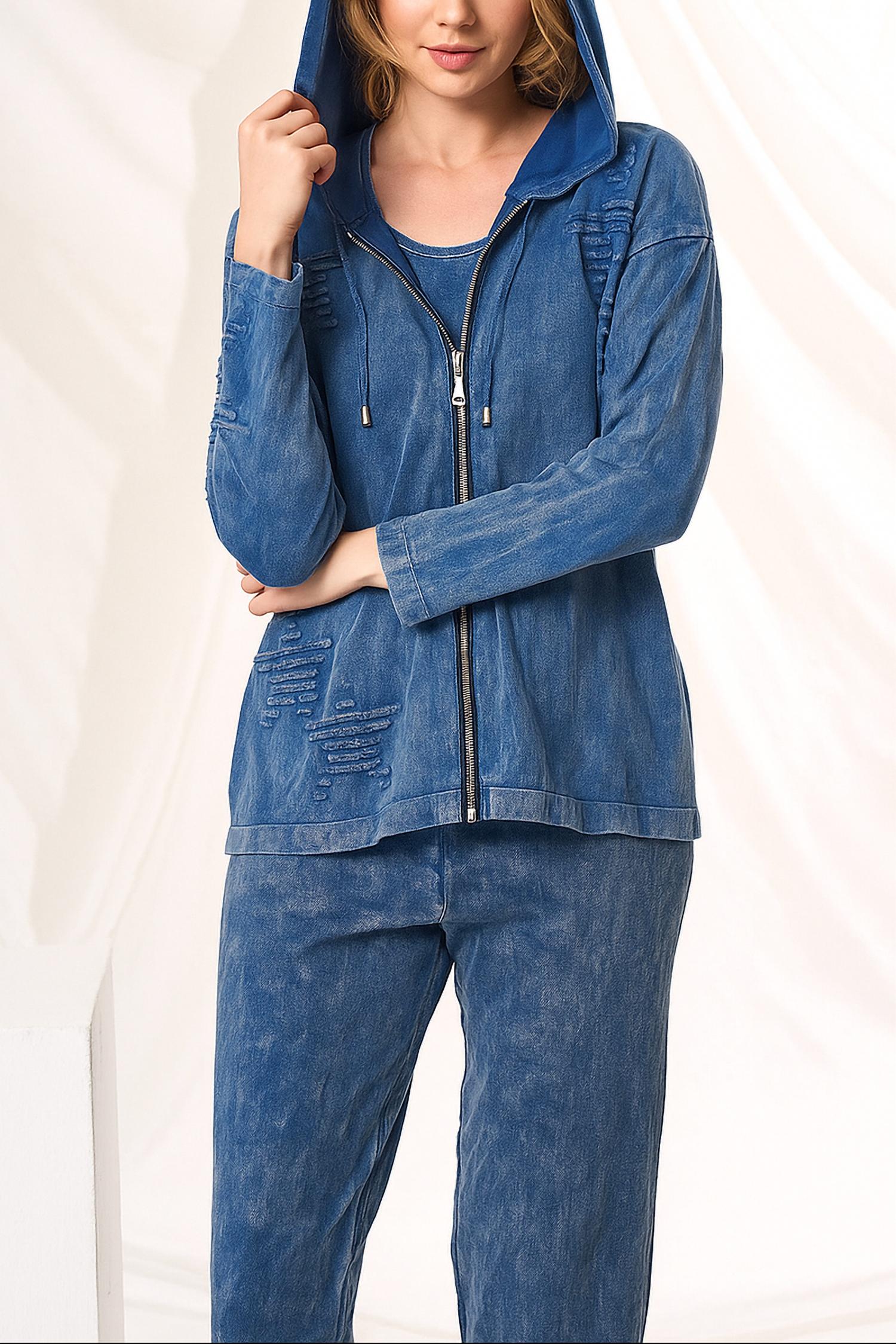 Angel Apparel Star Embossed Hoodie in denim - women's top - detail view
