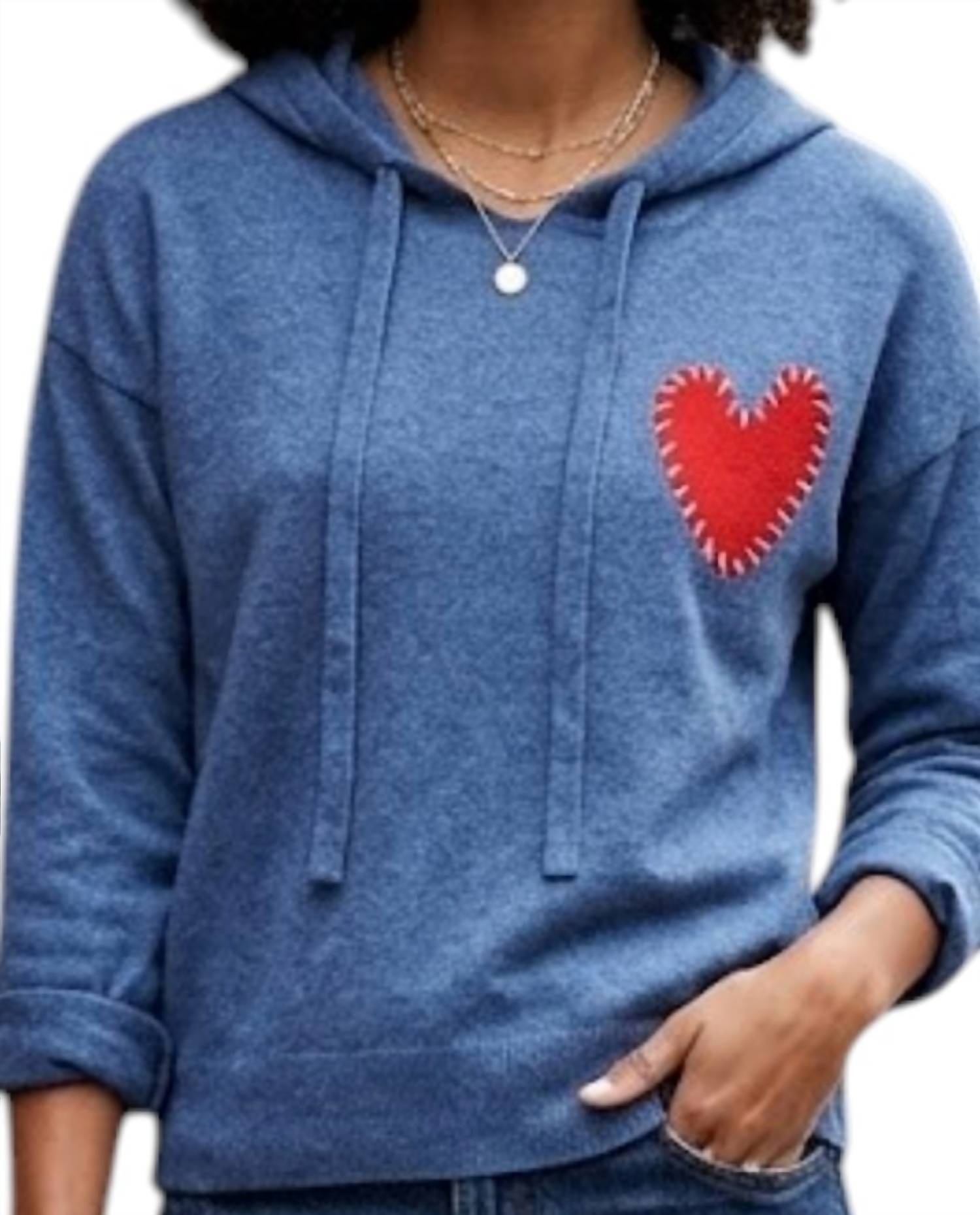 J. Society Embroidered Heart Hoodie in blue - women's top - detail view
