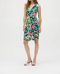 Joseph Ribkoff Tropical Print Faux Wrap Sheath Dress in black multi - women's dress
