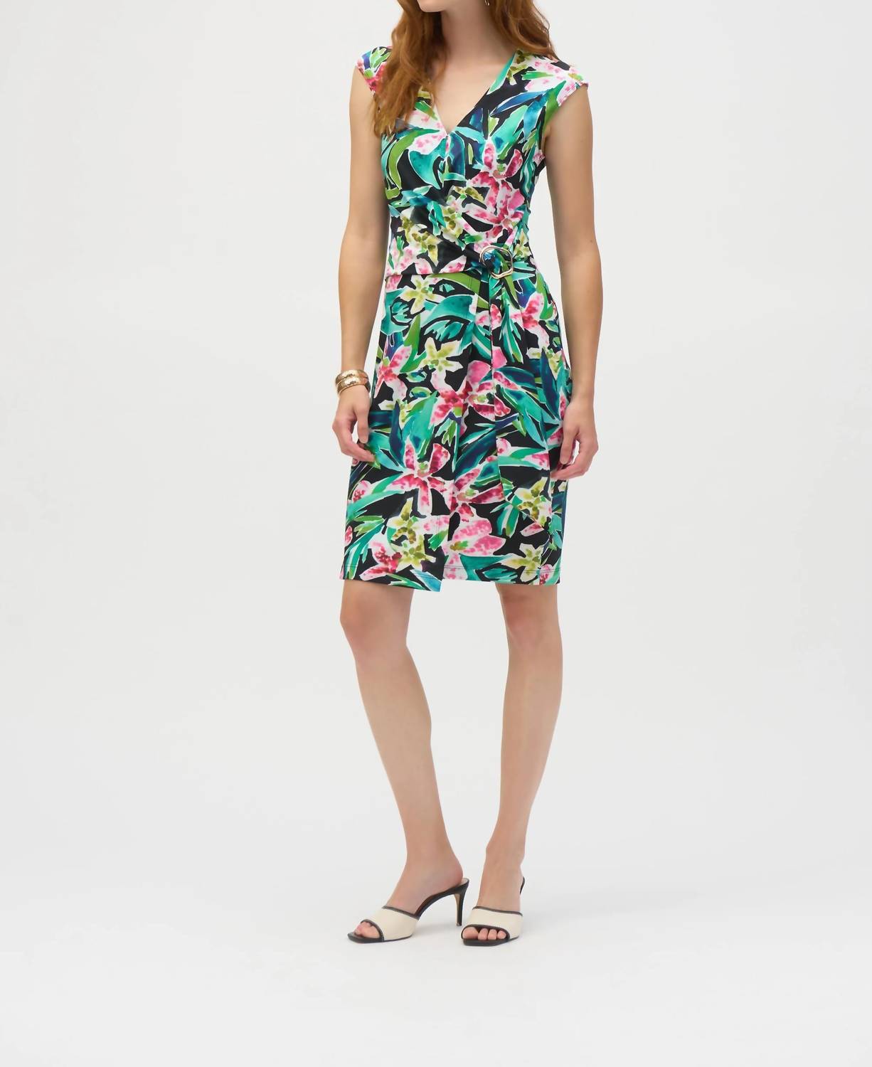 Joseph Ribkoff Tropical Print Faux Wrap Sheath Dress in black multi - women's dress